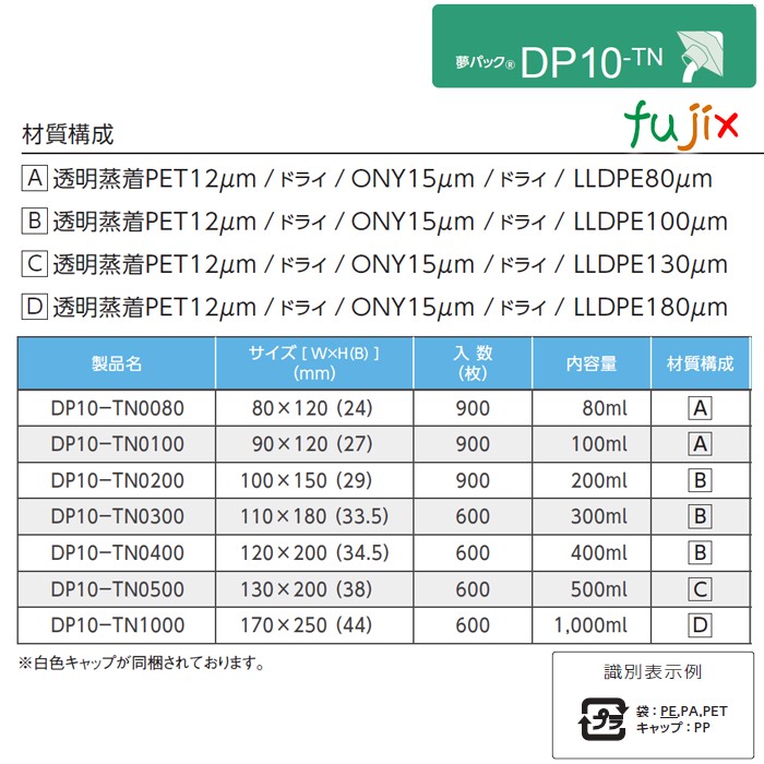 DP10-TN0080 夢パック スパウトパウチ(キャップ付) スタンド袋 80×120(24)mm 900枚／ケース スパウト口内径10mm 食品OK 日本製 カウパック