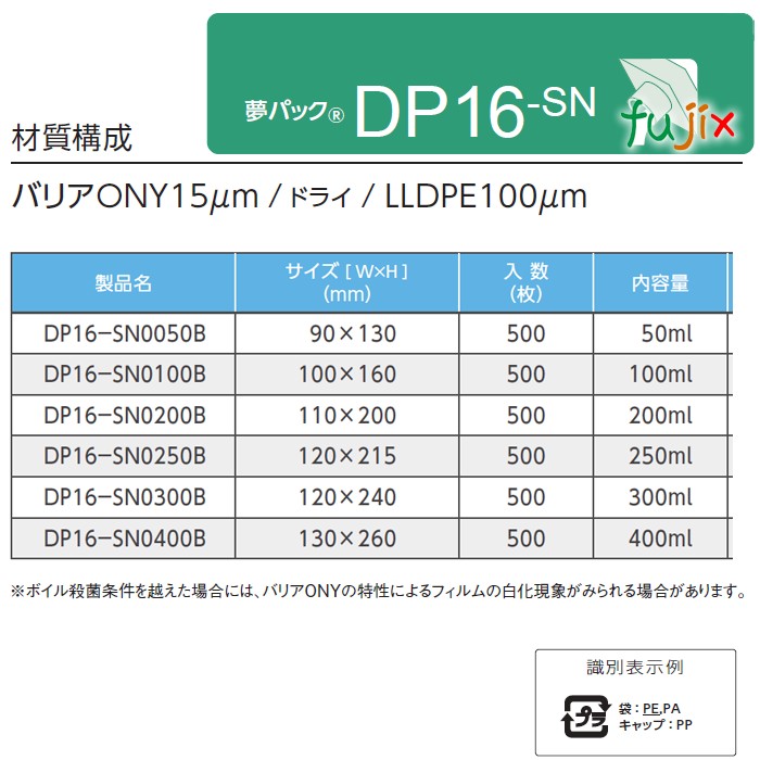 DP16-SN0250B 夢パック スパウトパウチ(キャップ付) 三方シール袋 120×215mm 500枚／ケース スパウト口内径16mm 食品OK 日本製 カウパック
