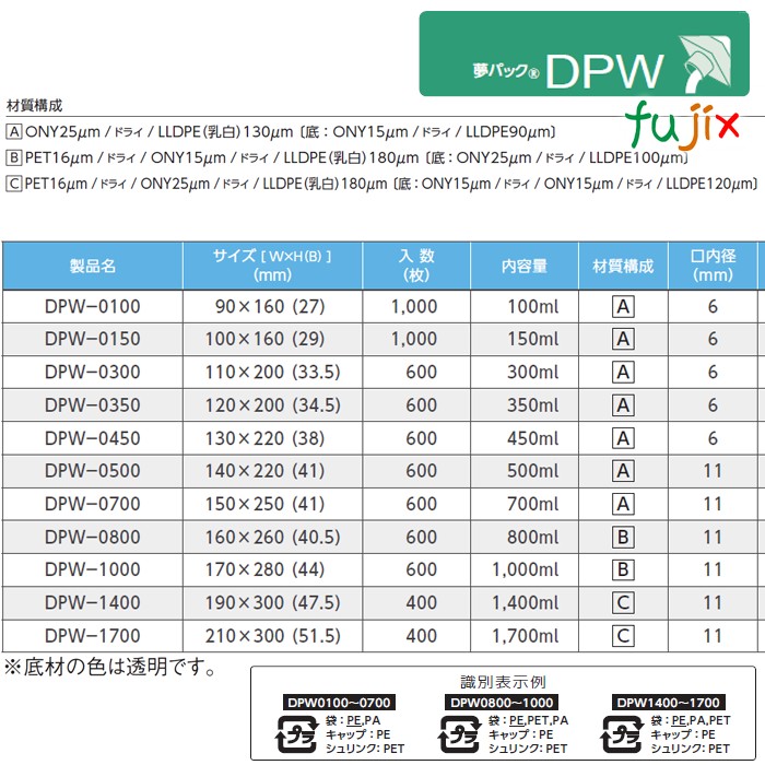 DPW-0100 夢パック スパウトパウチ(キャップ付) スタンド袋 90×160(27)mm 1000枚／ケース スパウト口内径6mm 食品OK 日本製 カウパック