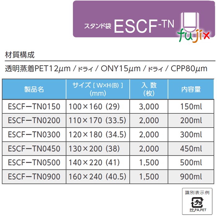 ESCF-TN0200 スタンド袋 110×170(33.5)mm 2000枚／ケース 食品OK スタンドパウチ 袋 日本製 カウパック