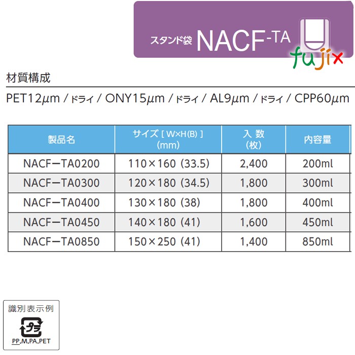 NACF-TA0200 スタンド袋 110×160(33.5)mm 2400枚／ケース 食品OK スタンドパウチ 袋 日本製 カウパック