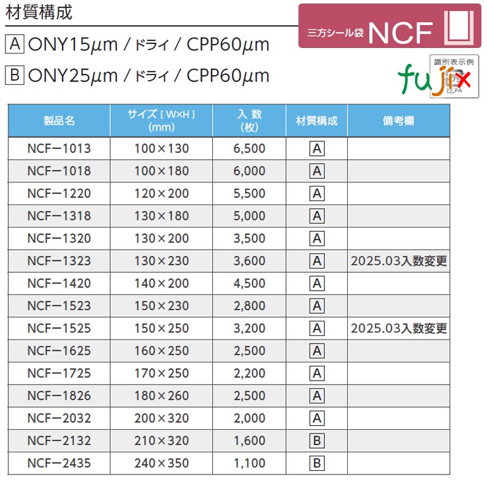 NCF-1826 三方シール袋 180×260mm 2500枚／ケース 食品OK ナイロンポリ 日本製 カウパック