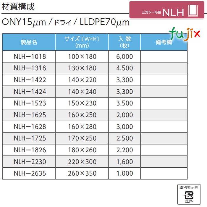 NLH-1424 三方シール袋 140×240mm 3300枚／ケース 食品OK ナイロンポリ 日本製 カウパック