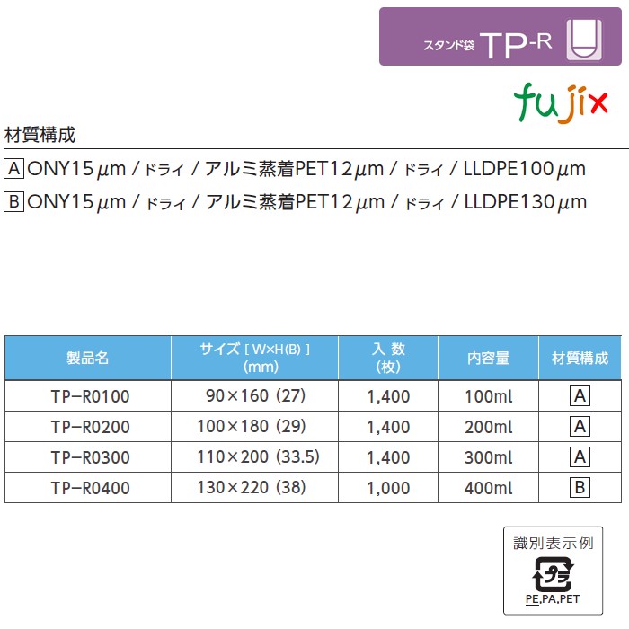TP-R0300 スタンド袋 110×200(33.5)mm 1400枚／ケース 食品非推奨 スタンドパウチ 袋 日本製 カウパック